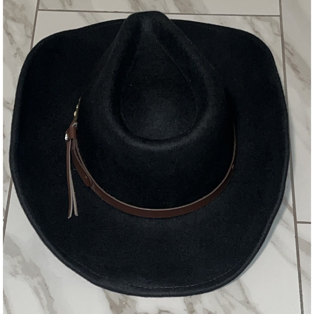 House of Harlow 1960 Black Wool Western Hat Studded Leather Band Fedora - Picture 4 of 10